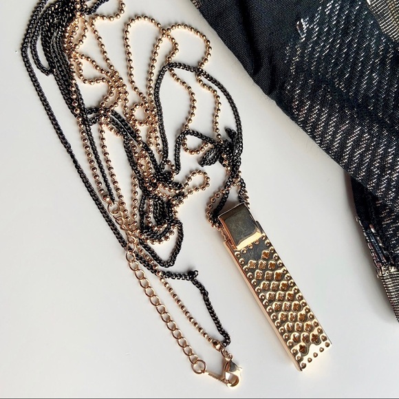 Long crystal pendant double chain necklace - Picture 4 of 6